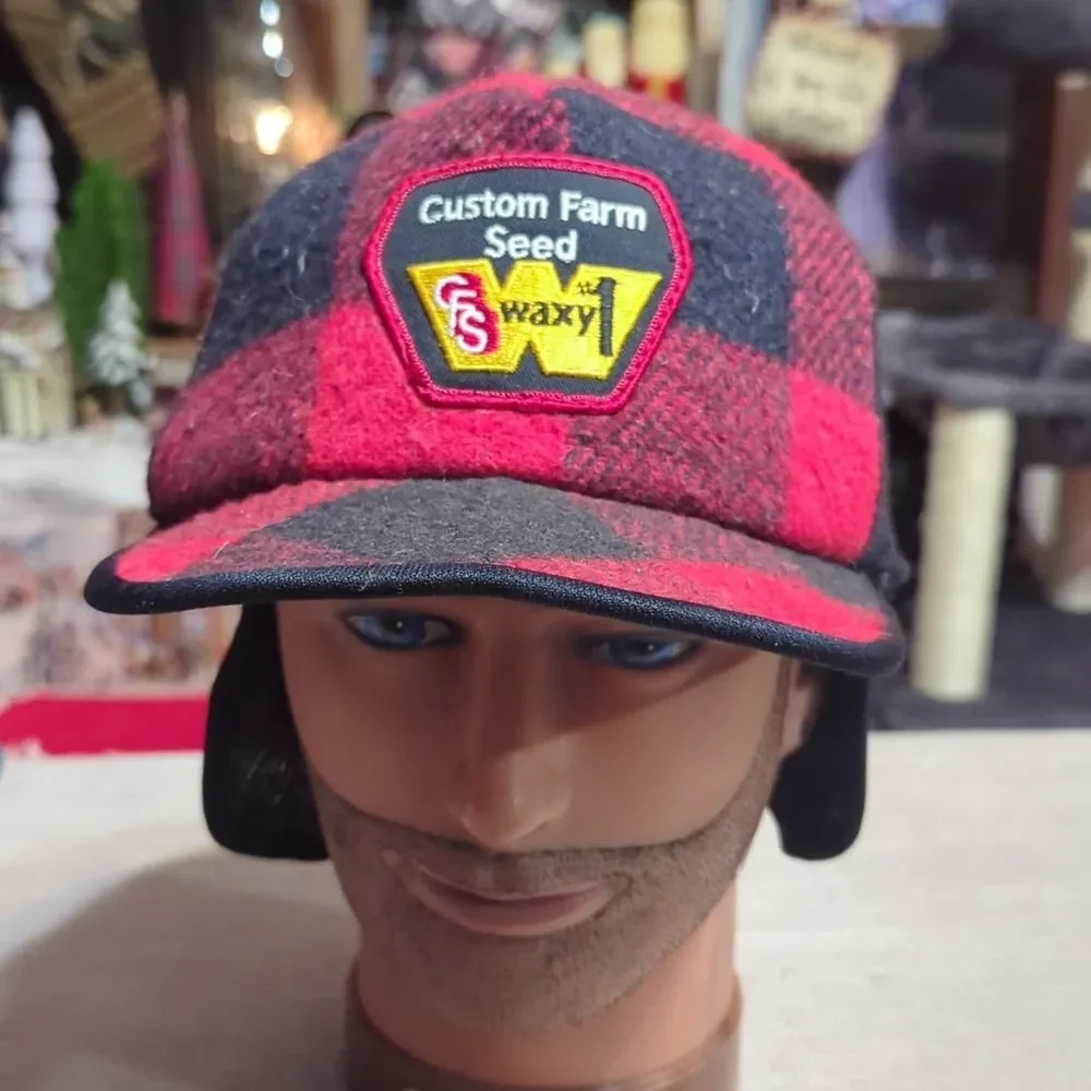 vintage red‎ and black buffalo plaid wool lumberjack farm hat with ear flaps - Picture 3 of 7